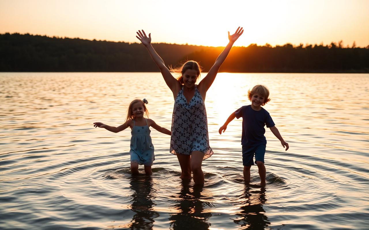 A mother and her two children playing in a lake at sunset, arms raised in joy